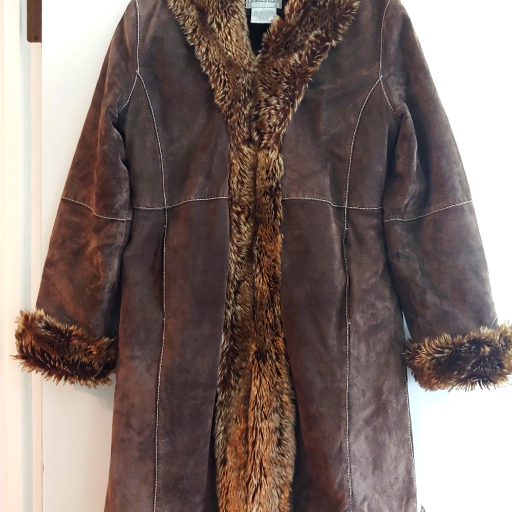 Charles Klein Woman's Vintage Brown Suede Leather Coat w/ Faux Fur Sz L